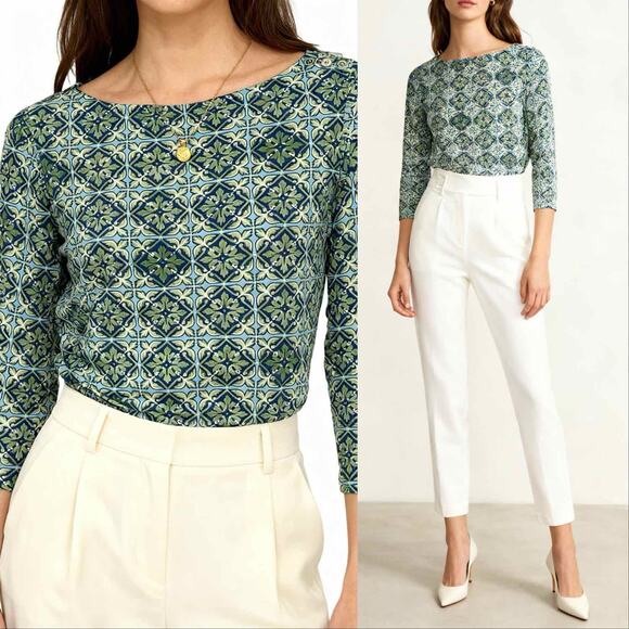 J. Mclaughlin Catalina Cloth 3/4 Sleeve Printed Top Green Sz XS Preppy Coastal - Picture 1 of 7